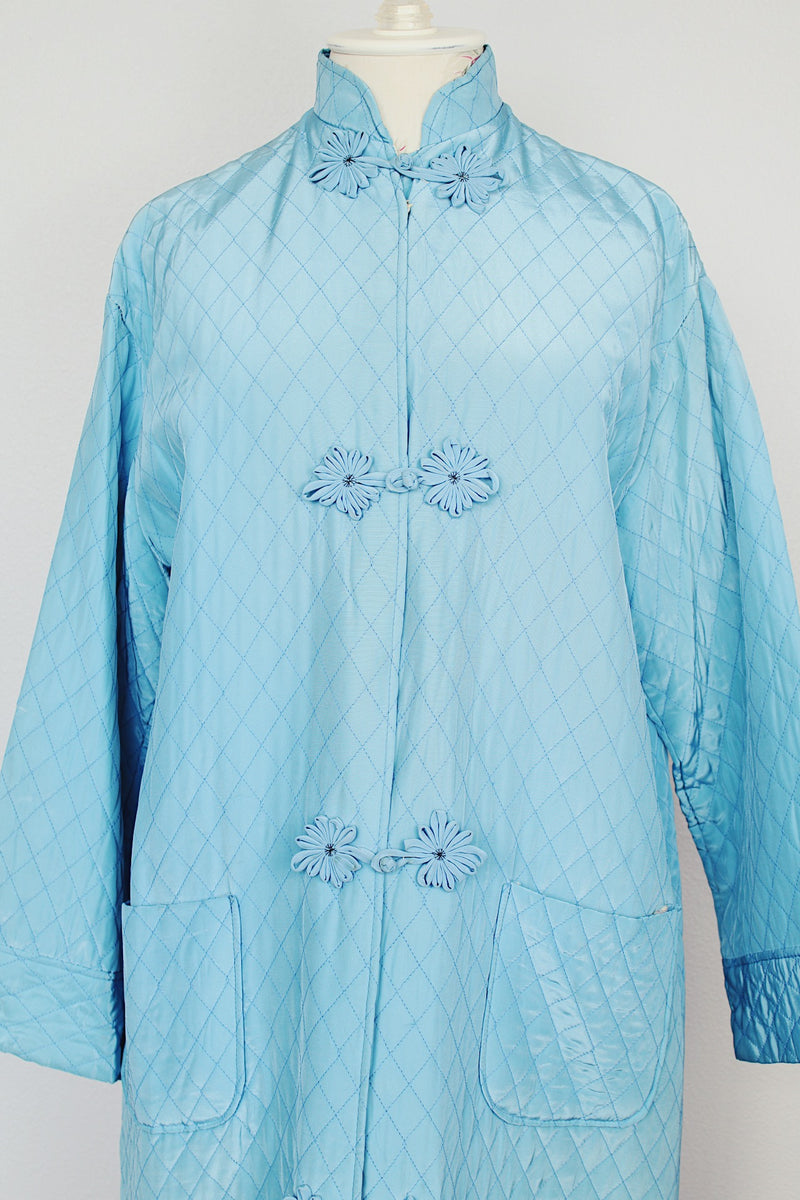 blue long sleeve long length quilted duster jacket with embroidered flowers vintage 1960's