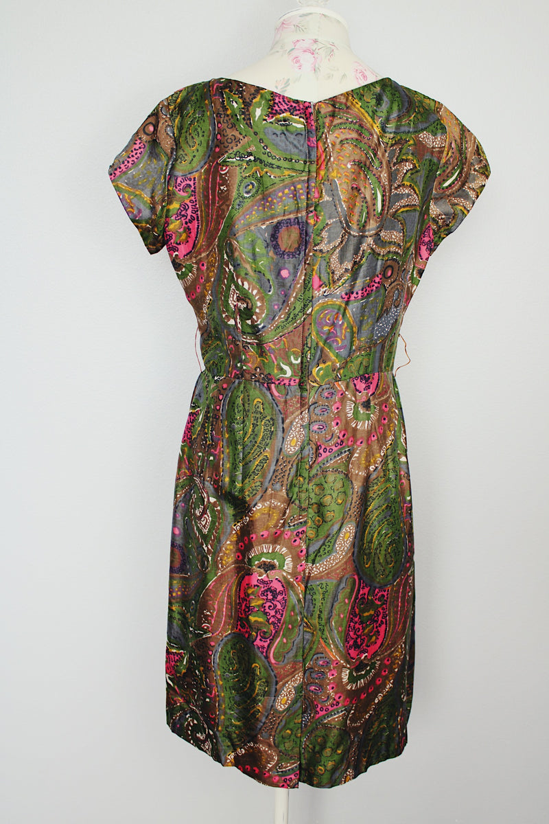 short sleeve printed knee length dress in forest green with pink and brown print