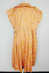 short sleeve midi length orange and pink paisley print a line dress vintage 1950's