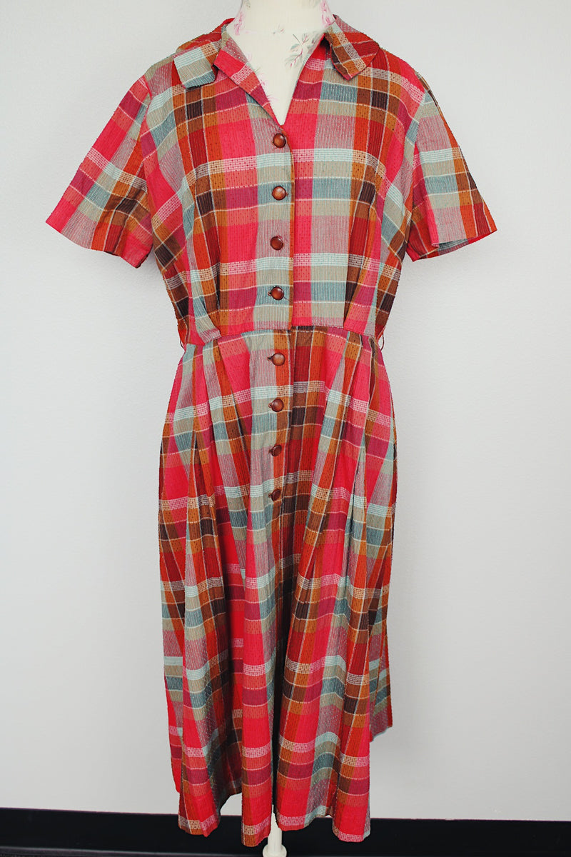 plaid printed short sleeve midi dress with collar and buttons up the front vintage 1950's