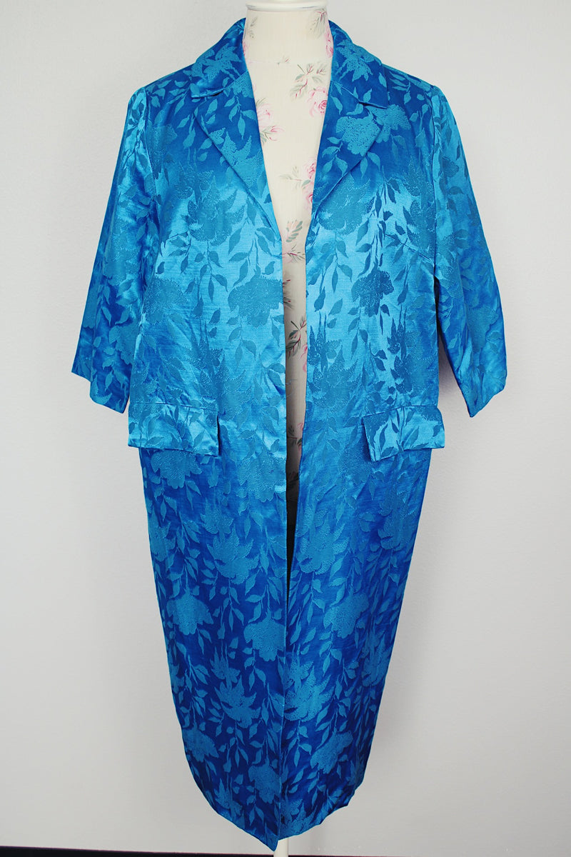 blue satin evening jacket with double lapel and no closure with floral print vintage 1960's