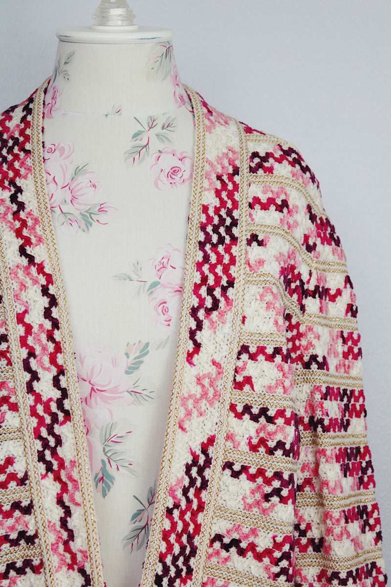 cream with pink striped open cardigan vintage 1960's