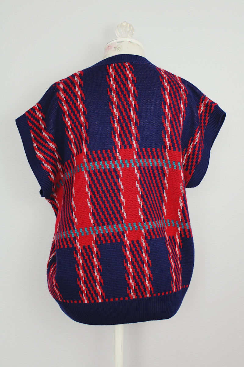 sleeveless wide fit acrylic sweater vest in a blue and red plaid print vintage 1980's