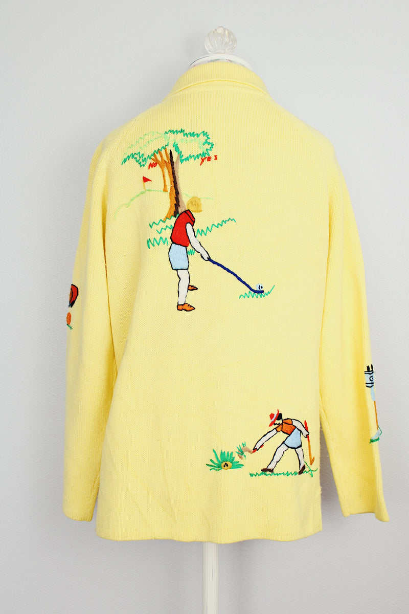 long sleeve yellow button up cardigan with collar and all over embroidery vintage 1960's