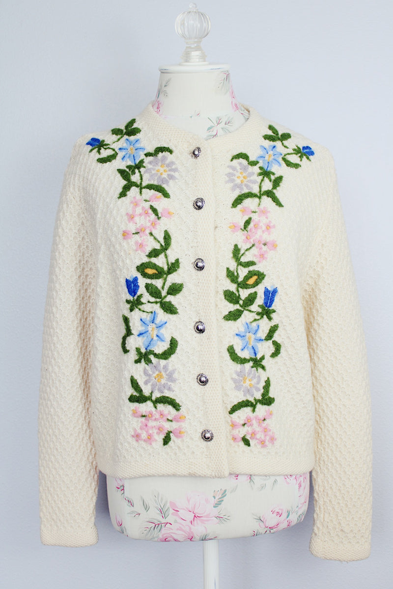 long sleeve cream colored wool cardigan with embroidered flowers and silver buttons vintage 1960's