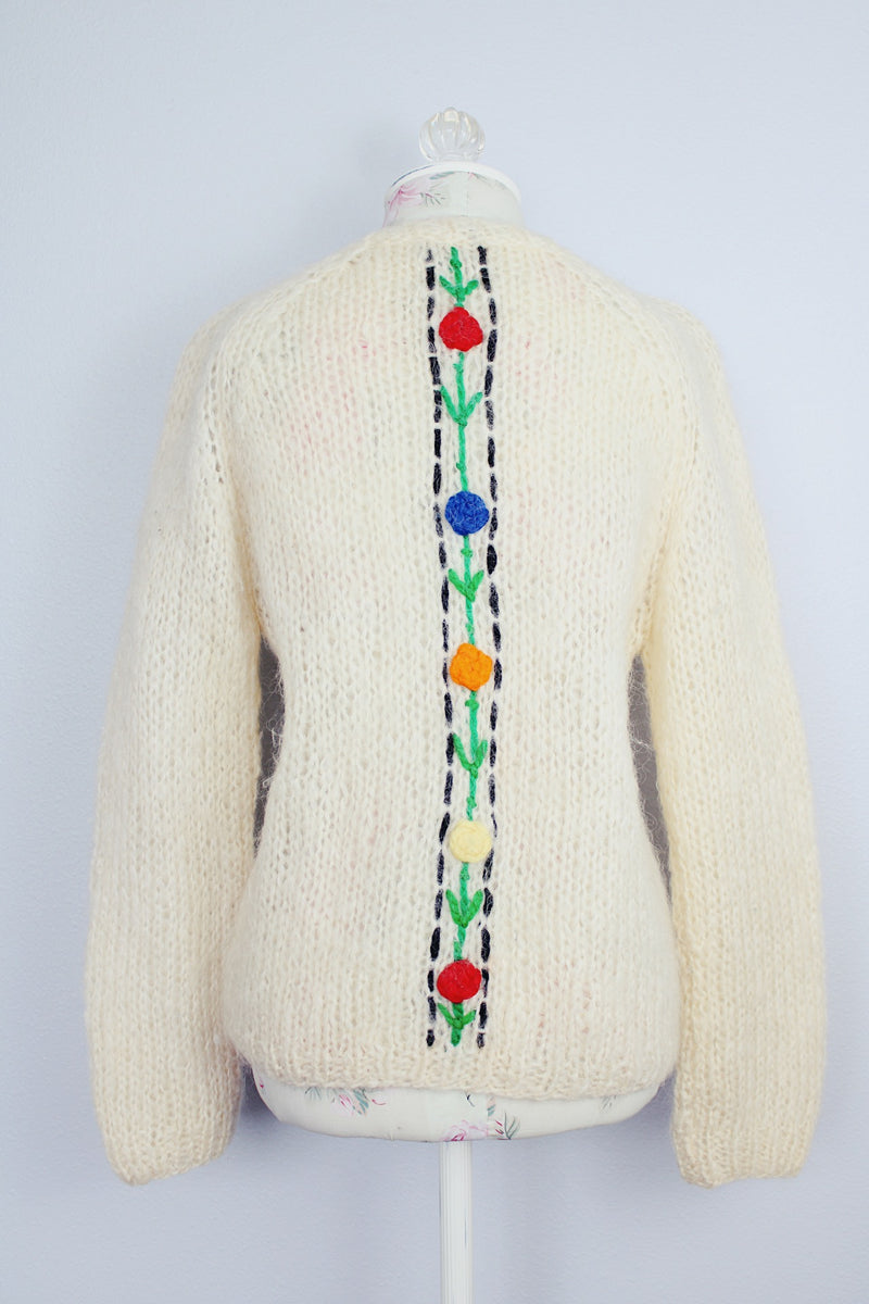 long sleeve cream mohair pullover sweater with v neck and embroidered flowers vintage 1960's