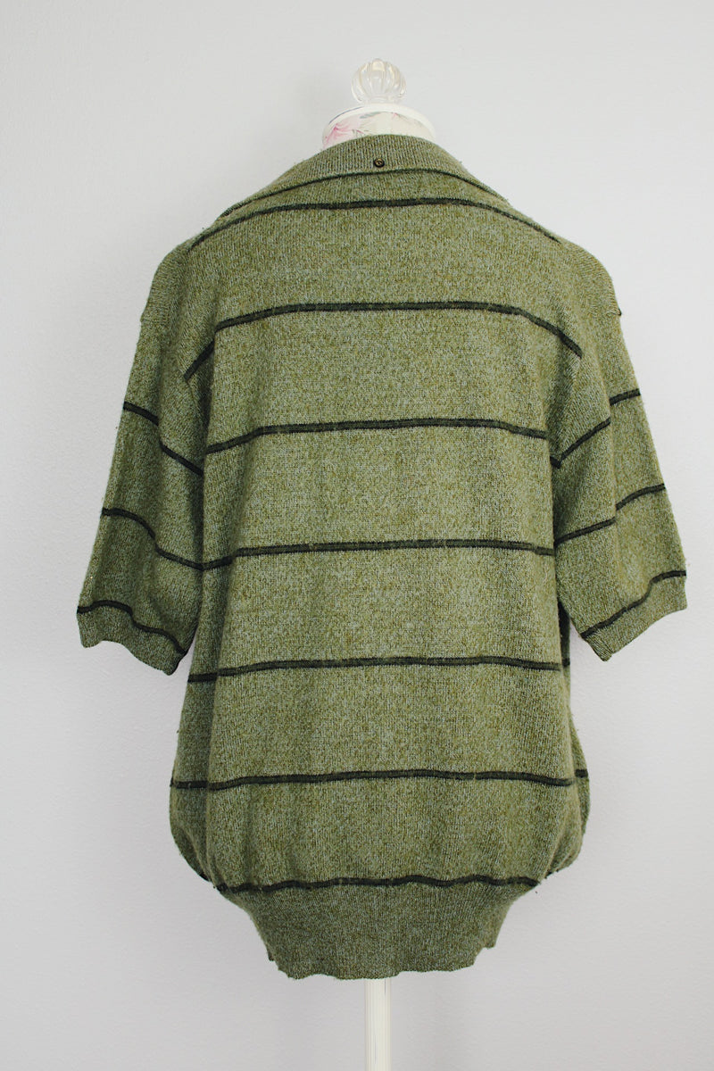 short sleeve pullover wool sweater with collar and half button closure green stripes vintage 1960's