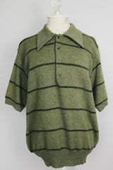 short sleeve pullover wool sweater with collar and half button closure green stripes vintage 1960's