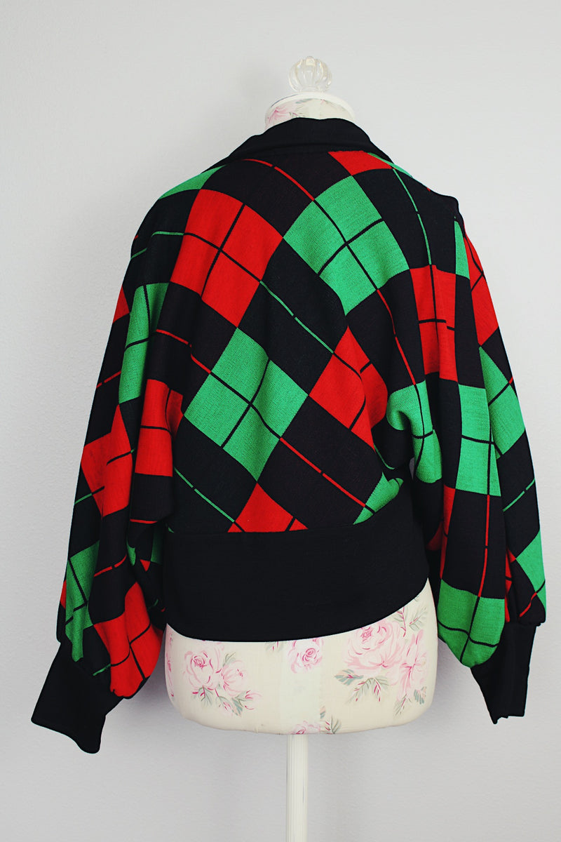 long sleeve wool black red and green argyle print button up cardigan with collar cropped vintage 1960s