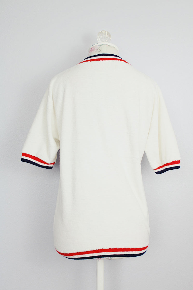 white velour short sleeve pullover sweater with striped trim vintage 1960's