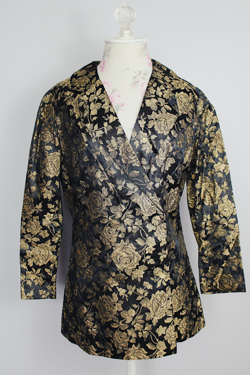 long sleeve black with all over gold metallic floral print double breasted blazer vintage 