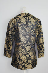 long sleeve black with all over gold metallic floral print double breasted blazer vintage 