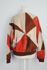 long sleeve suede pullover sweater in orange brown and cream print vintage 1980's