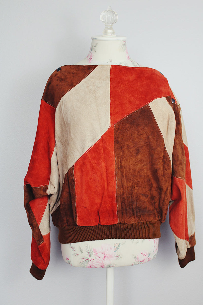 long sleeve suede pullover sweater in orange brown and cream print vintage 1980's