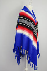 blue with stripes acrylic poncho fringe trim with collar vintage 1970's