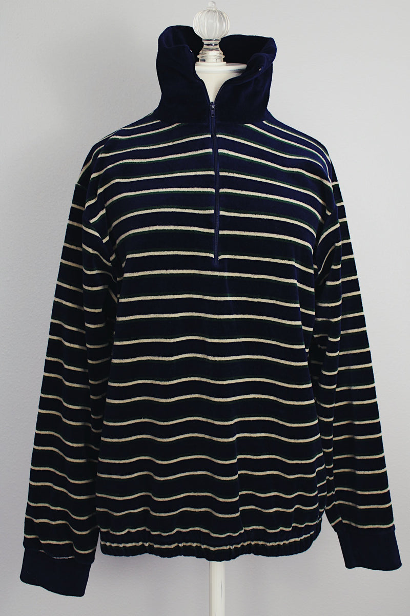 long sleeve navy striped velour half  zip pullover vintage 1980's
