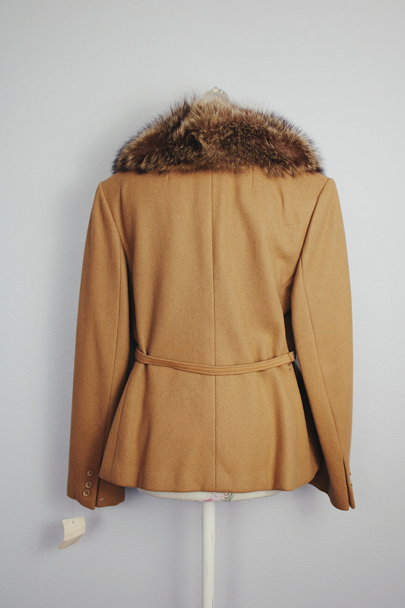 camel colored wool blazer with matching belt and raccoon fur collar trim vintage 1970's