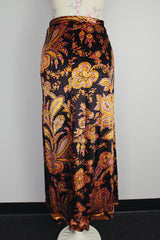 paisley printed velvet wrap skirt vintage 1970's ankle length 