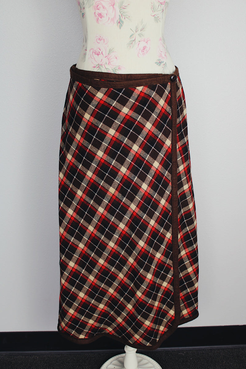 brown cream and red plaid ankle length wool plaid wrap skirt vintage 