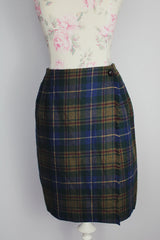 green and blue plaid print wool blend mini skirt with wrap front  1990's