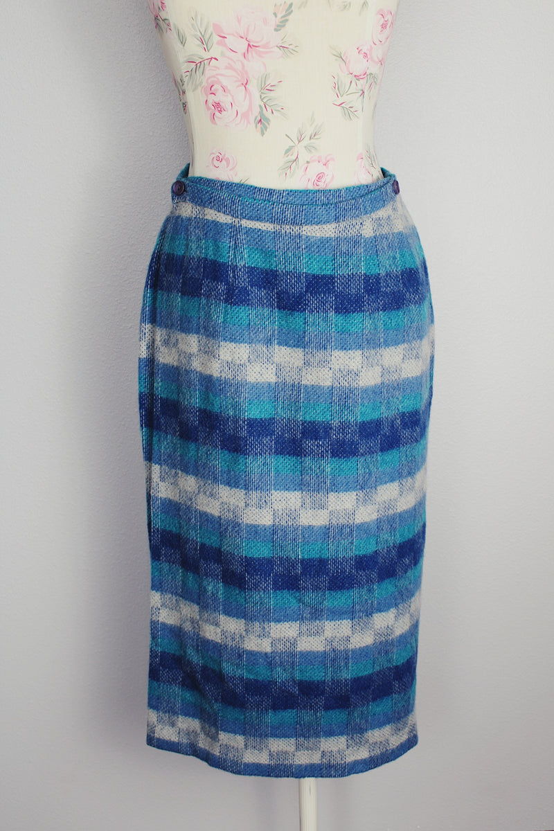 striped blue wool wrap skirt midi length vintage 1940's
