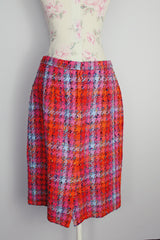 pink orange and red plaid nubby midi pencil skirt with pockets vintage 1980's