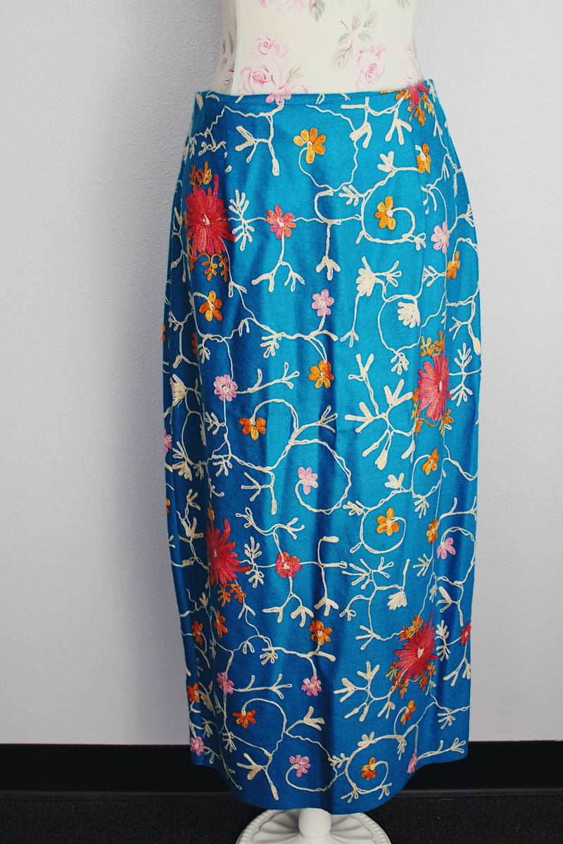 midi length blue high waist pencil skirt with all over floral embroidery 1990's