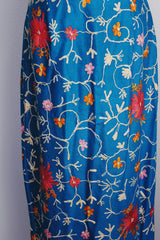 midi length blue high waist pencil skirt with all over floral embroidery 1990's