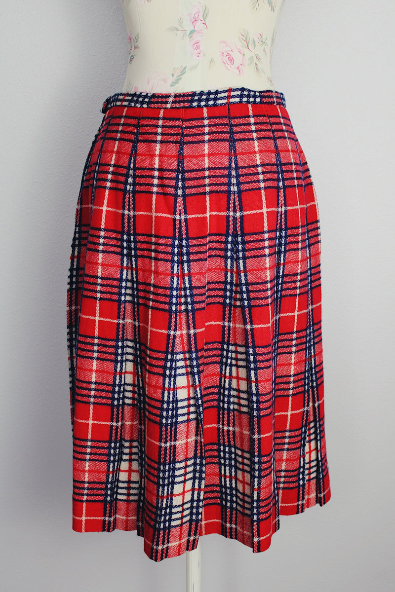 red white and blue plaid pleated wool skirt midi length vintage 1960's