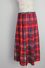 red white and blue plaid pleated wool skirt midi length vintage 1960's