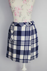 blue and white plaid print mini wrap skirt in acrylic vintage 1960's
