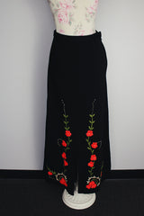 ankle length black wool skirt with floral embroidery vintage 1970's