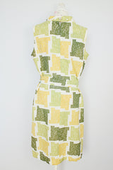 sleeveless green square print midi dress with high neck and matching belt vintage 1960's