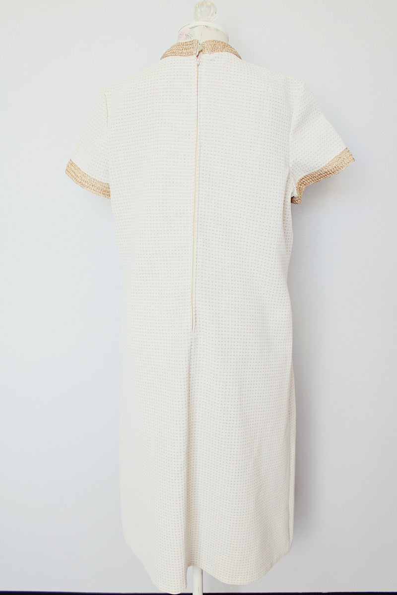 short sleeve white midi length dress with gold metallic dots and trim vintage 1970's
