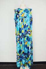 sleeveless floral printed maxi dress with ruffle and bow trim vintage 1960's
