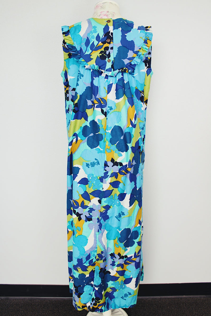 sleeveless floral printed maxi dress with ruffle and bow trim vintage 1960's
