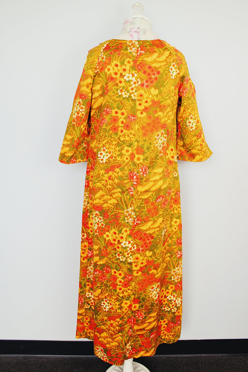 yellow floral printed ankle length dress with cut out sleeves vintage 1960's