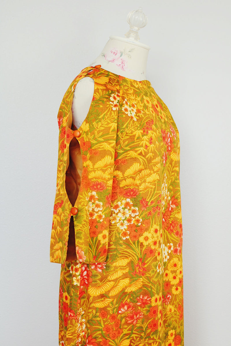 yellow floral printed ankle length dress with cut out sleeves vintage 1960's