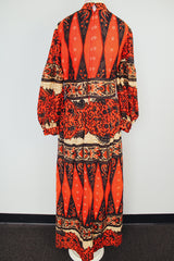 maxi length long puff sleeve dress with mock neck red with all over print vintage 