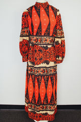 maxi length long puff sleeve dress with mock neck red with all over print vintage 