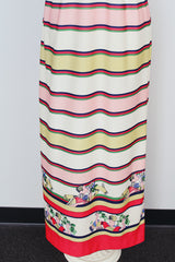 sleeveless maxi dress white stripe print v neck polyester 1970's vintage