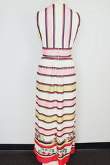 sleeveless maxi dress white stripe print v neck polyester 1970's vintage