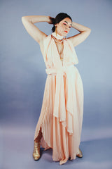 pink blush colored pleated halter dress floor length vintage 1980's