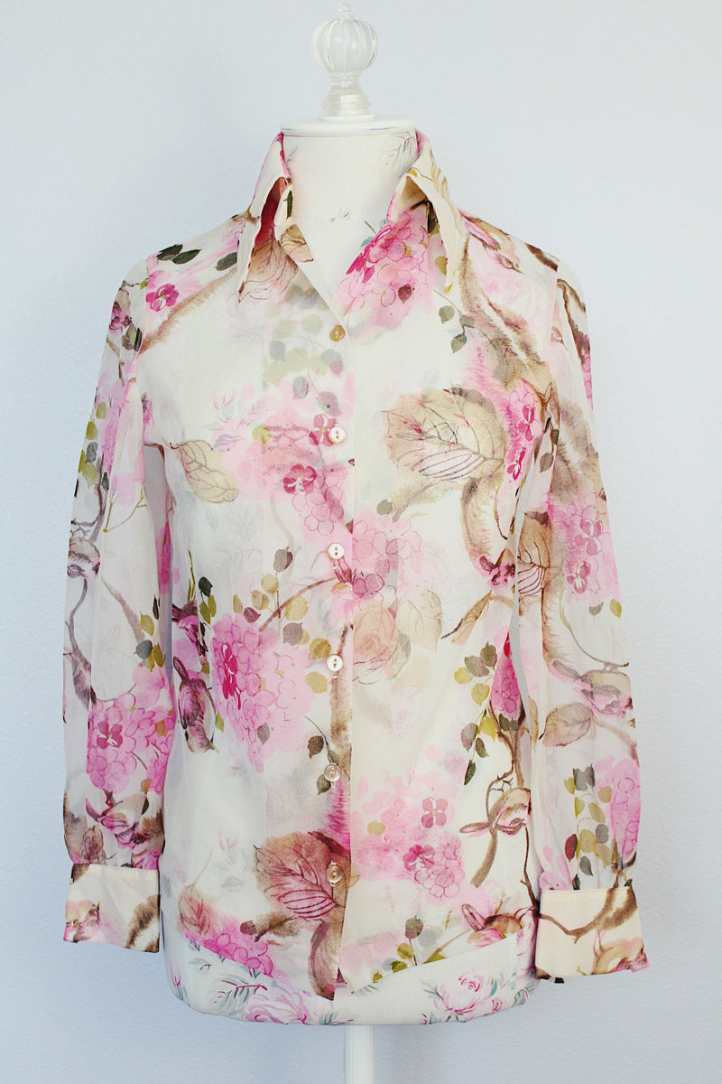 sheer white pink floral print button up blouse with pointy collar vintage 1970's