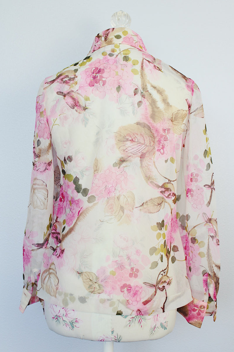 sheer white pink floral print button up blouse with pointy collar vintage 1970's