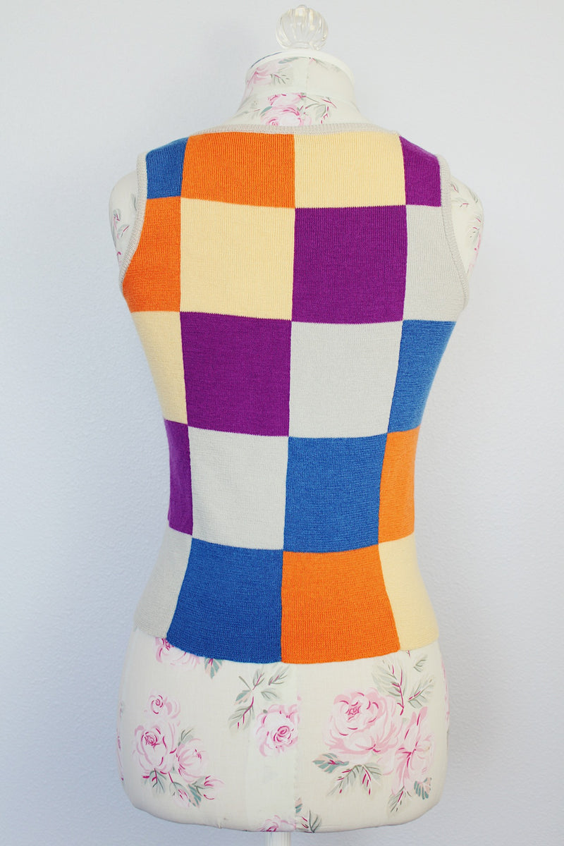 sleeveless checkered print wool sweater top vintage 1960's