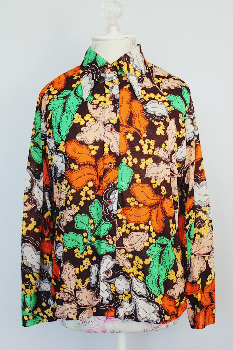 long sleeve brown button up blouse with green orange and yellow print vintage 1970's