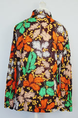 long sleeve brown button up blouse with green orange and yellow print vintage 1970's