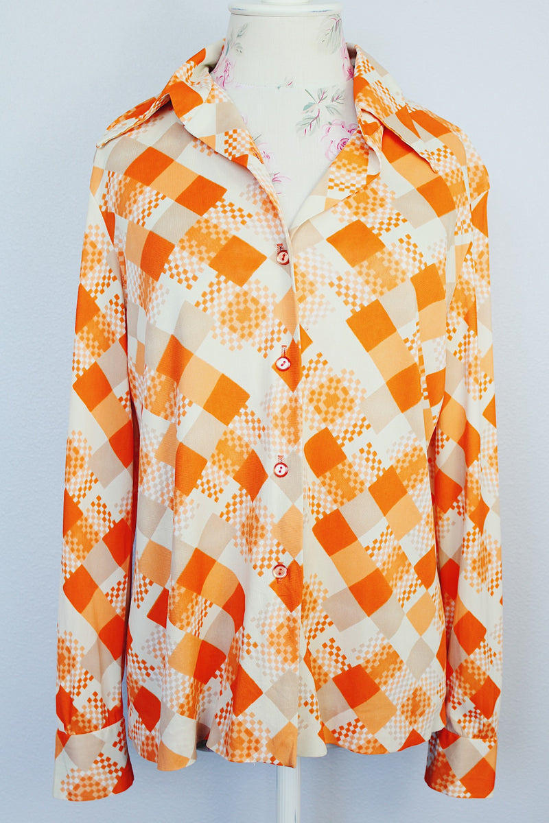 long sleeve orange and tan and white checkered print button up blouse vintage 1970's