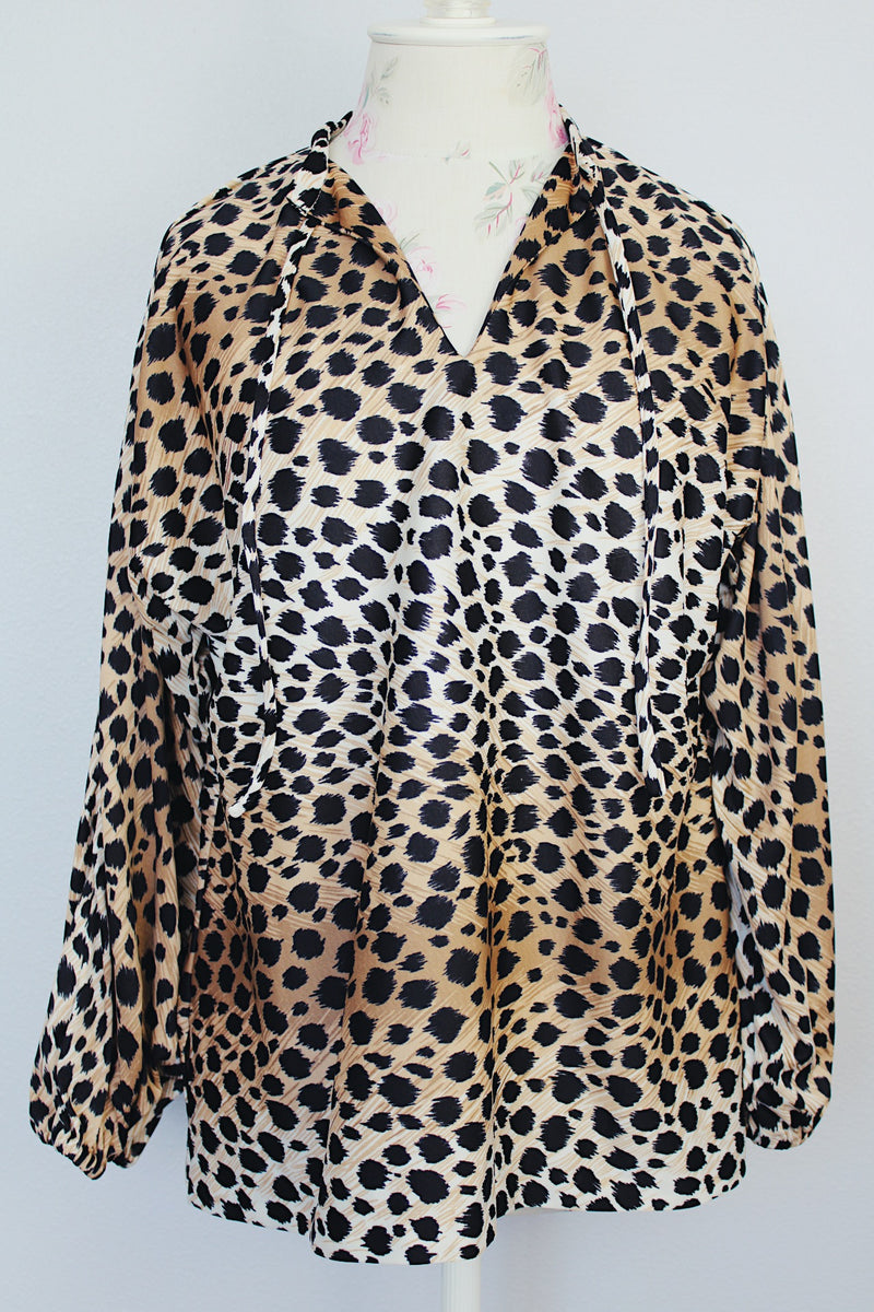long sleeve leopard print blouse with tunic neckline vintage 1970's